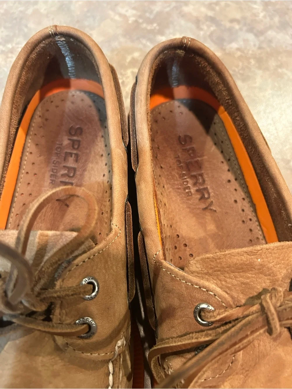 Sperry Brown Suede Men’s Top-Sider Boat Shoes with Orange Sole Size 8.